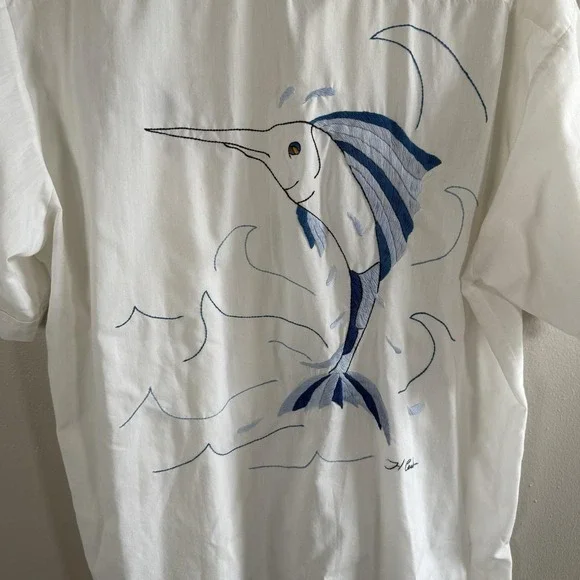 Vtg Fishing Shirt Men Large L Embroidered Marlin Swordfish Short Sleeve Button - Picture 2 of 9